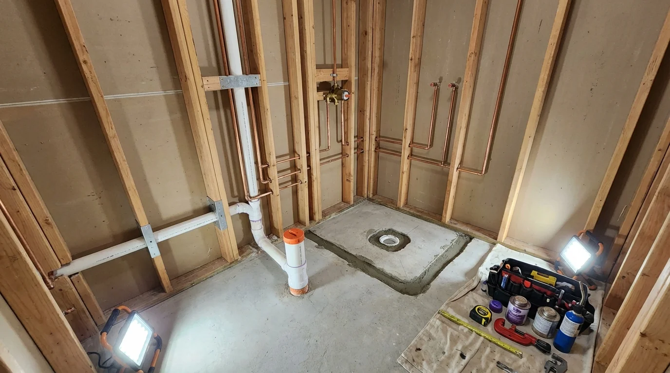 Bathroom rough-in plumbing during remodel by Johns Plumbing LLC in Calais