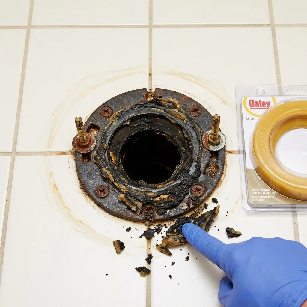 Failed wax ring showing water seepage at the base of a toilet in a Calais, ME home